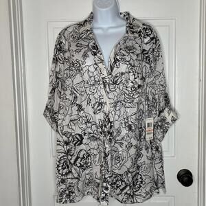 Karen Scott Women's Black & White Floral Button-Up Shirt 3/4 Sleeves - 2X NWT